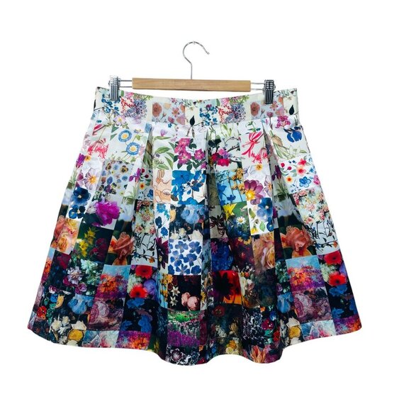 Markus Lupfer A Line Floral Skirt Size L Satin Pleated Knee Length‎ Multicolor - Picture 1 of 6
